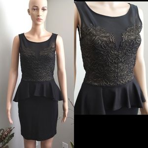 Bebe dress black gold peplum pencil cut lace cocktail
